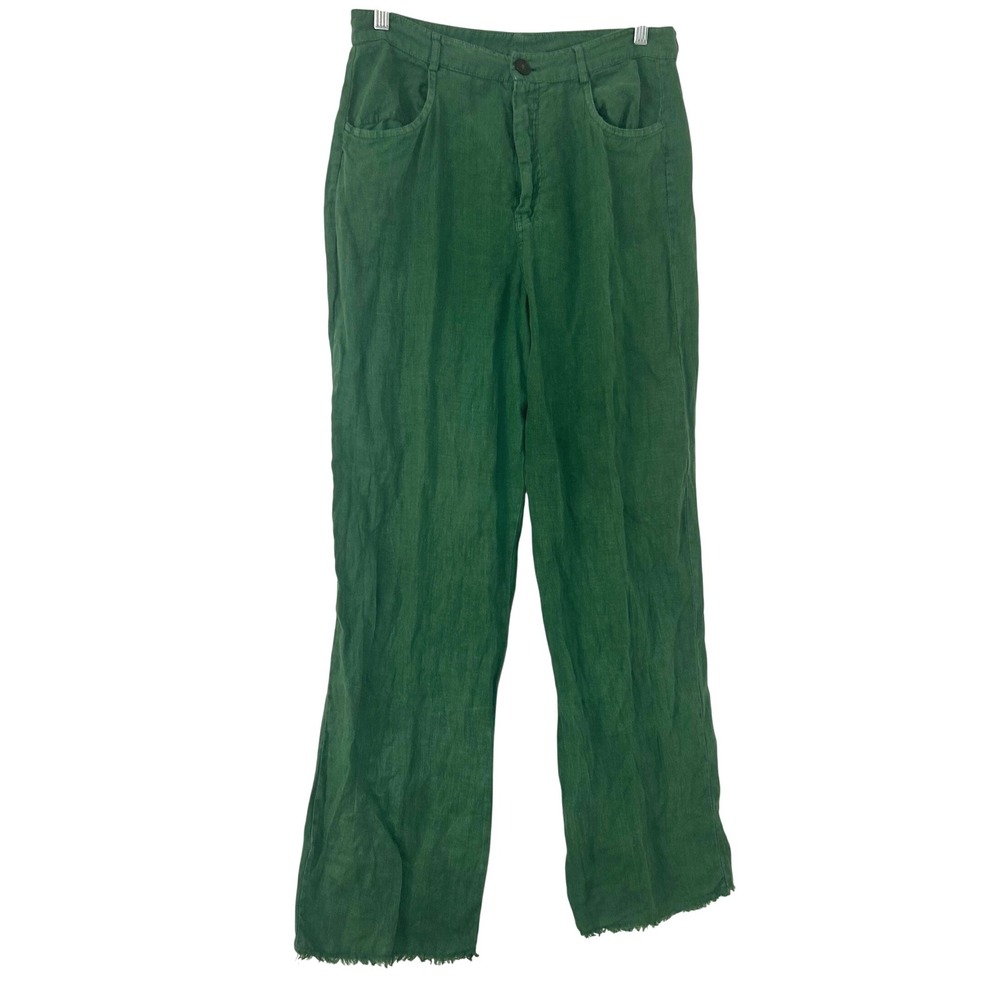 Zara Green Linen Wide Leg Pants High Waisted Frayed Hem Trousers Medium breezy